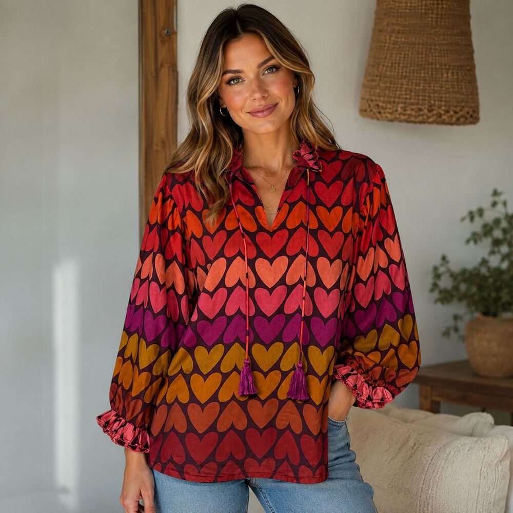 Ivy Jane Ombre Heart Top Womens S Cotton Tassel Tie Ruffle Boho Blouse Small